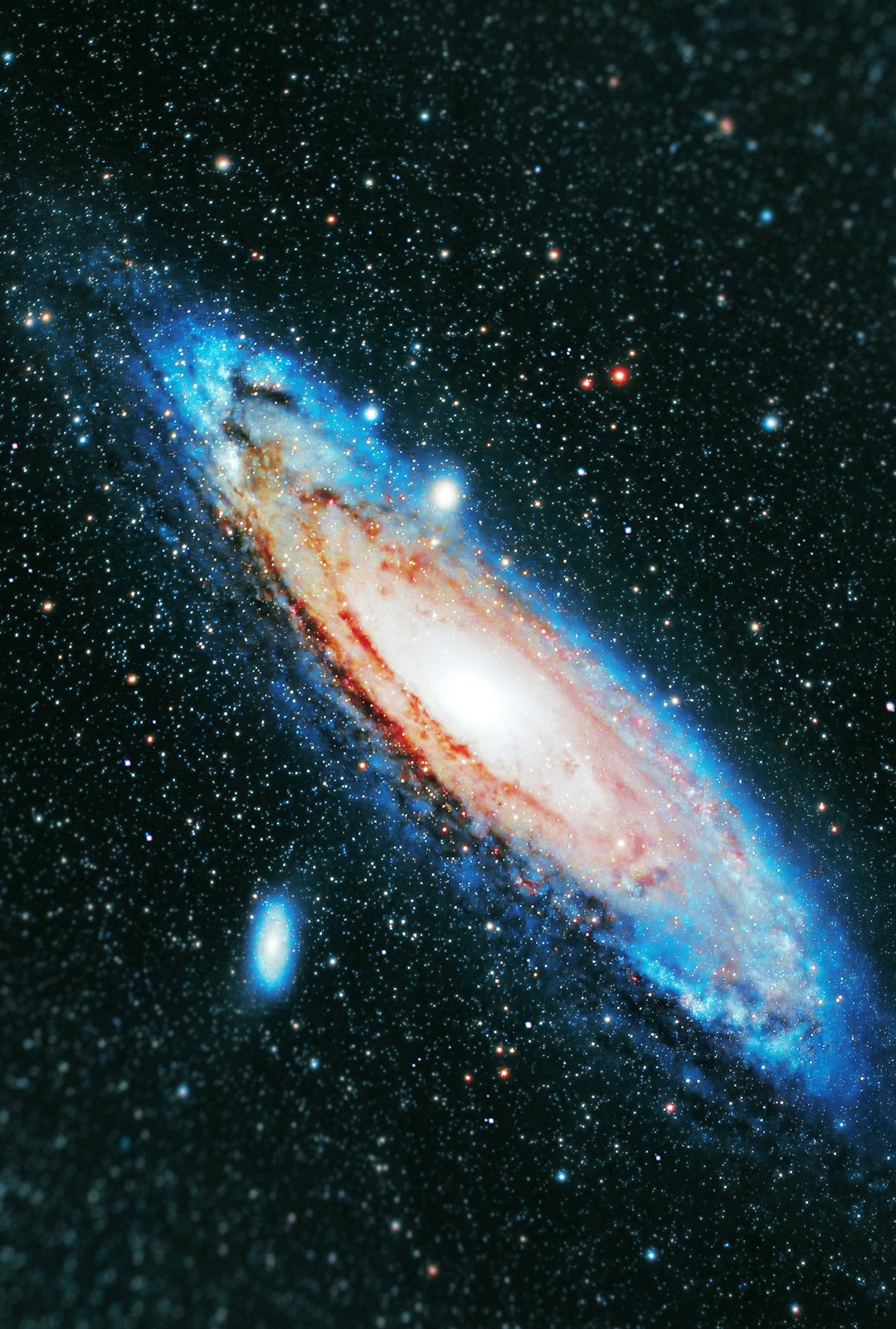 Blurred background with the Andromeda Galaxy (Andromeda Nebula) in high resolution. Trending space background with dark night sky, stars and the Andromeda Galaxy for website, design, social media, science and photography publications. Tilt-shift blurred vertical universal background